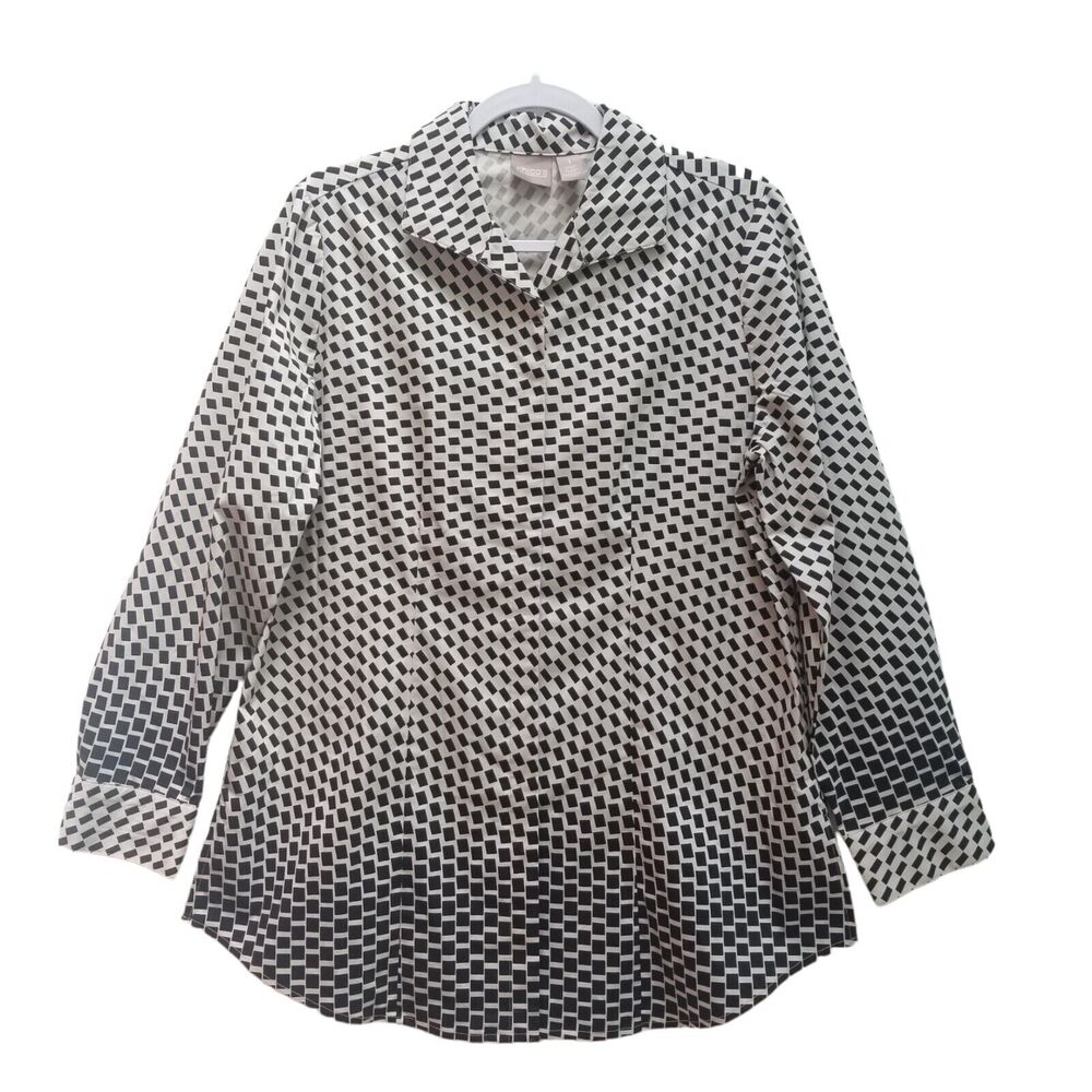Chico's 1 / M NWOT Tunic Shirt Stretch Geometric Button Up Long Sleeve Tan Black